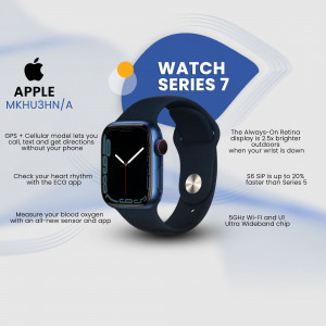 Close-up of the Apple Watch Series 7 in blue, displaying its features.