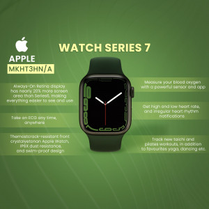 Close-up of the Apple Watch Series 7 in a dark green color, showcasing its display and features.