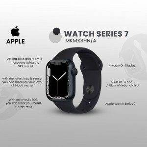 Close-up of the Apple Watch Series 7 in Space Black, showcasing its features.
