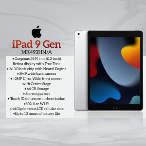Apple iPad 9th Generation in Silver with specifications listed