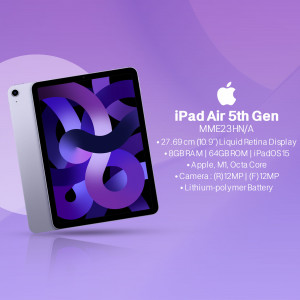 Silver iPad Air 5th Generation displayed at an angle with specifications listed.