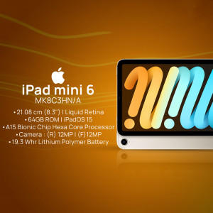 iPad mini 6 with specifications displayed on a gradient orange background
