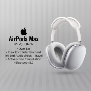 Apple AirPods Max headphones in silver, showcasing over-ear design and features.