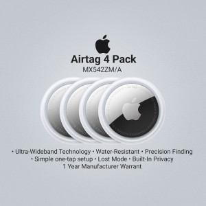 Four Apple AirTags in a pack, white color, with the Apple logo visible.