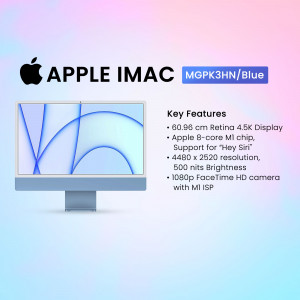 Image of the Apple iMac in Blue color with key features listed.