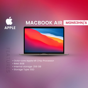 Apple MacBook Air M2 with MGN63HN/A model number displayed on a gradient background.