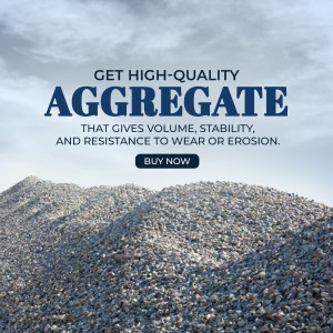 Pile of gray aggregate with text promoting its quality and durability.