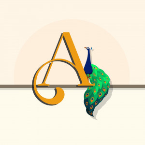 Stylized letter A incorporating a peacock design