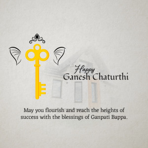Ganesh Chaturthi greeting with a golden key and decorative elements