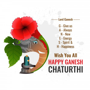 Illustration of Lord Ganesha with a hibiscus flower and shiva lingam