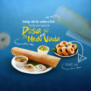 A promotional image featuring Dosa and Medu Vada with accompanying chutneys.