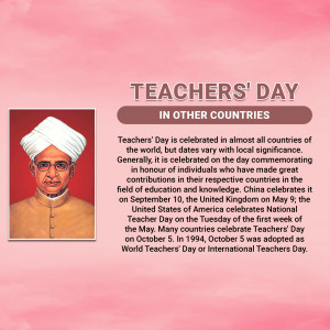 Image depicting Teachers' Day with a portrait of Dr. Sarvepalli Radhakrishnan and text about its celebration in different countries.