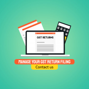 Image depicting GST return filing with a laptop, documents, and calculator.