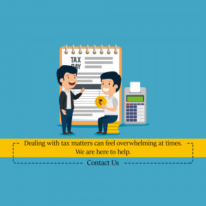 Illustration of people discussing taxes with a tax form and calculator.