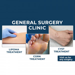 Image showcasing general surgery clinic services including lipoma, corn, and cyst treatment.