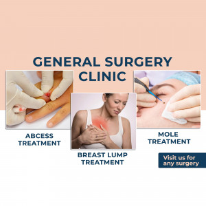 Image showcasing general surgery clinic services including abscess treatment, breast lump treatment, and mole treatment.