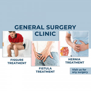 Image depicting common conditions treated at a general surgery clinic: fissure, fistula, and hernia.