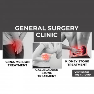 Image advertising general surgery clinic specializing in circumcision, gallbladder stone, and kidney stone treatment.