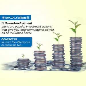 Image depicting coin stacks with growing plants, representing investment growth with Bajaj Allianz.