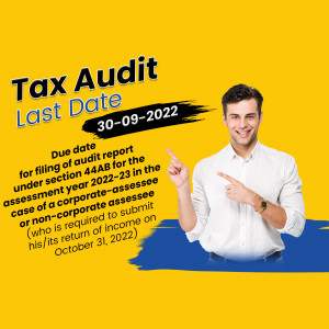 Image reminding about the tax audit last date with a man pointing towards the date.