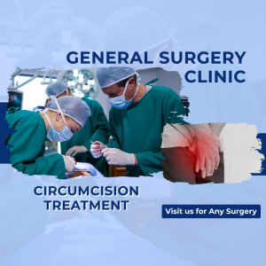 Medical professionals performing surgery, advertising general surgery and circumcision treatment.