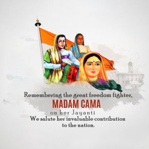 Image commemorating Madam Cama's birth anniversary with portraits and the Indian flag.