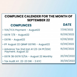 Compliance calendar for September 2022 listing important dates for TDS, GST, and other financial compliances.