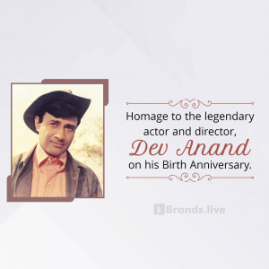 Portrait of Dev Anand with text commemorating his birth anniversary