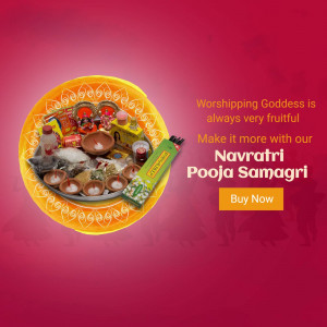 Navratri Pooja Samagri with offerings and a 'Buy Now' button