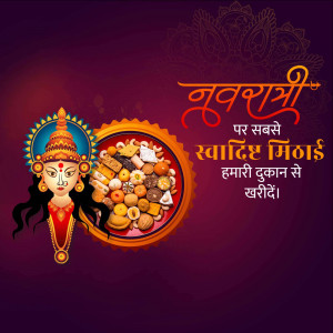 Navratri festive image with Goddess Durga and sweets