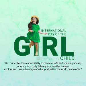 A young girl in a green dress running towards the camera with the text 'International Day of the Girl Child' in the background.