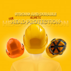 Three construction helmets - yellow, orange, and black - displayed for head protection.