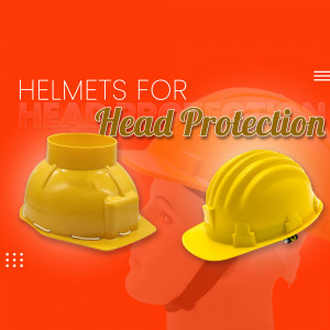 Two yellow hard hats on a red and gray background with text promoting head protection.