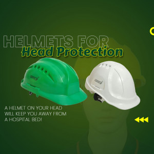 Two construction helmets, one green and one white, on a green background with text promoting head protection.