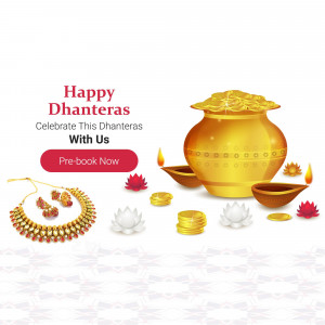 Dhanteras festive advertisement with gold pot, jewelry, and flowers