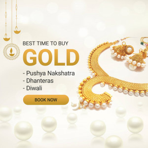 Gold jewelry advertisement for Pushya Nakshatra, Dhanteras, and Diwali