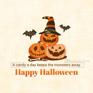 Stack of three jack-o'-lantern pumpkins wearing a witch hat with bats flying around, with a Halloween greeting.