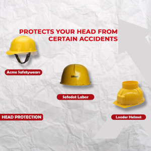 Image of three different types of yellow hard hats with text highlighting head protection.