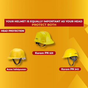 Yellow safety helmets on a yellow and red background with text promoting head protection.