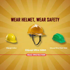 Image of three different colored safety helmets with the text 'Wear Helmet, Wear Safety'