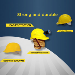 Yellow Safewell hard hats with headlamp and Safedot with torch