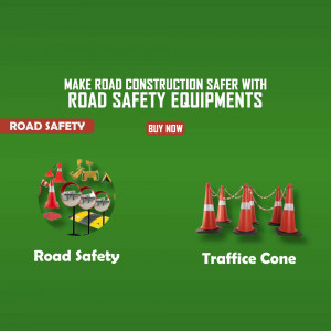 Advertisement for road safety equipment including cones and barriers.