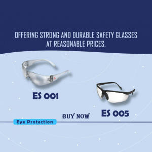 Image of two pairs of safety glasses, ES 001 and ES 005, with text promoting affordable eye protection.