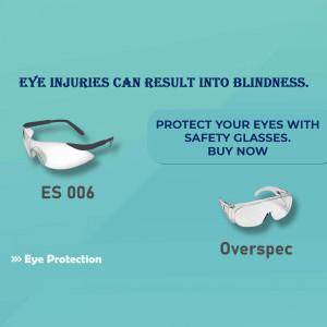 Image of safety glasses with text promoting eye protection and warning about blindness from injuries.
