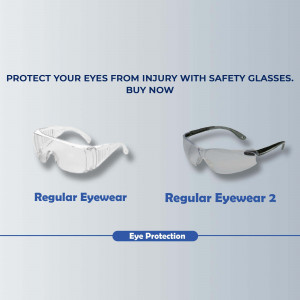 Two pairs of safety glasses on a blue background with text promoting eye protection.