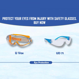 UVEX safety glasses in orange and blue, promoting eye protection.