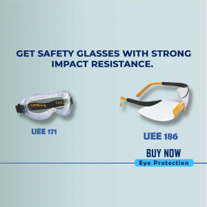 Close-up of UEE 171 and UEE 186 safety goggles with impact resistance.