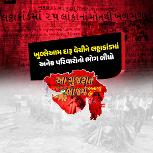 Image with Gujarati text, map of Gujarat, and newsprint background