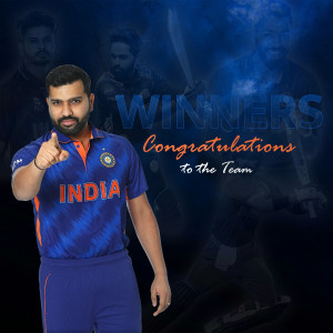 Rohit Sharma celebrating India's victory with team members in the background.