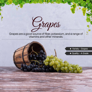 A wooden basket overflowing with ripe purple and green grapes, with text highlighting their nutritional benefits.